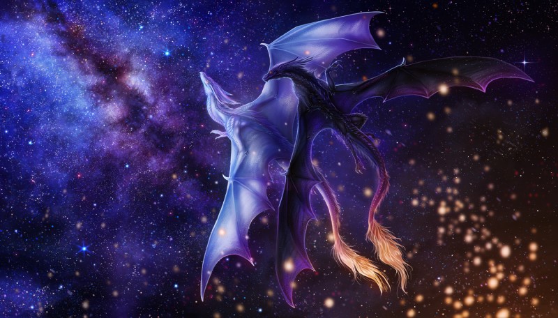 ambiguous_gender black_body black_scales claws cosmic_background duo feral flying horn membrane_(anatomy) membranous_wings outside scales spread_wings starscape tail white_body white_scales wings isvoc european_mythology mythology dragon mythological_creature mythological_scalie scalie western_dragon 2020 digital_media_(artwork) hi_res