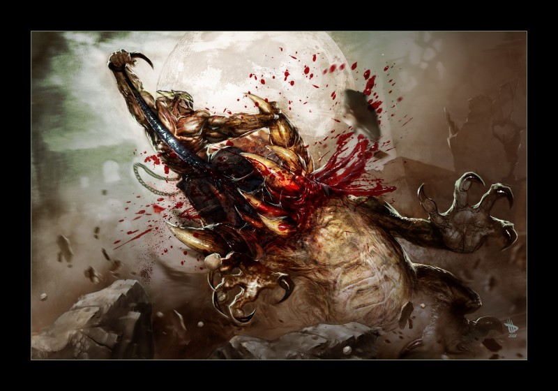 battle black_border blood bodily_fluids border death duo fight gore grotesque_death horror_(theme) male moon ripping sharp_teeth teeth tongue dave_wilkins splatterhouse rick_taylor terror_mask demon human mammal monster absurd_res digital_media_(artwork) hi_res