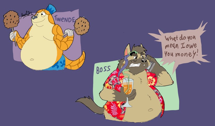 anthro belly beverage big_belly black_nose brown_body cellphone clothing electronics food hat headgear headwear humanoid_hands male navel overweight overweight_male phone simple_background smartphone solo text jacobspencer04 twende_(series) boss_(twende) twende_(twende) hyena mammal pangolin 2024 english_text hi_res