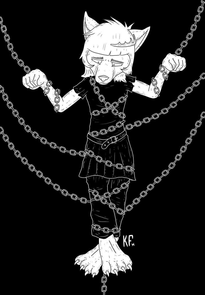 alternative_fashion anthro barefoot black_background bottomwear bound chain clothing crown depression feet headgear j-fashion male shirt simple_background skirt solo topwear visual_kei katxfish fuyu_graycen hybrid 2017 absurd_res black_and_white digital_media_(artwork) hi_res monochrome signature