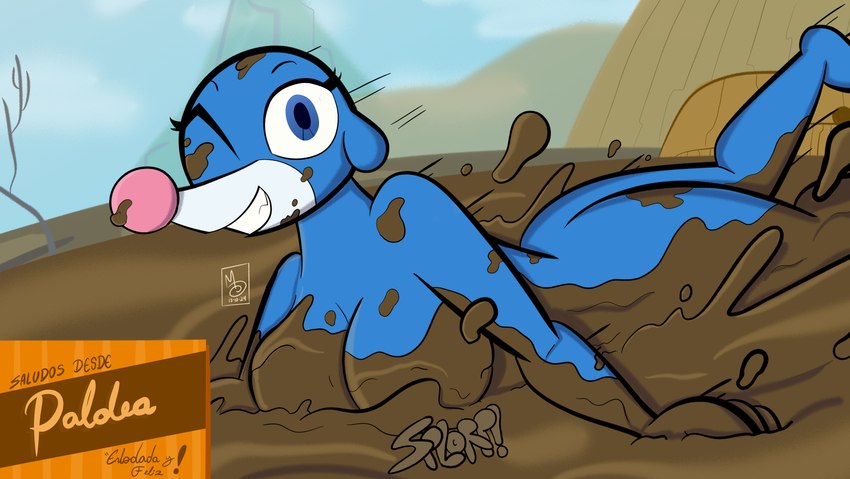 anthro big_breasts breasts butt cleavage clothed clothing eyelashes female looking_at_viewer messy mud mud_pit muddy nude outside postcard slightly_chubby smile solo swamp teeth text wam sebaku nintendo pokemon generation_7_pokemon mammal marine pinniped pokemon_(species) popplio seal absurd_res hi_res spanish_text