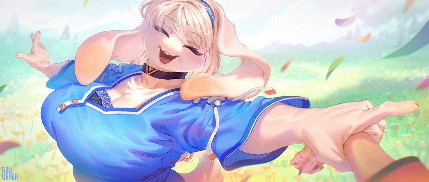 big_breasts blonde_hair breasts chest_tuft cleavage clothed clothing detailed_background duo eyes_closed female hair open_mouth open_smile outside smile solo_focus tuft aruurara sophia_(aruurara) lagomorph leporid mammal rabbit hi_res