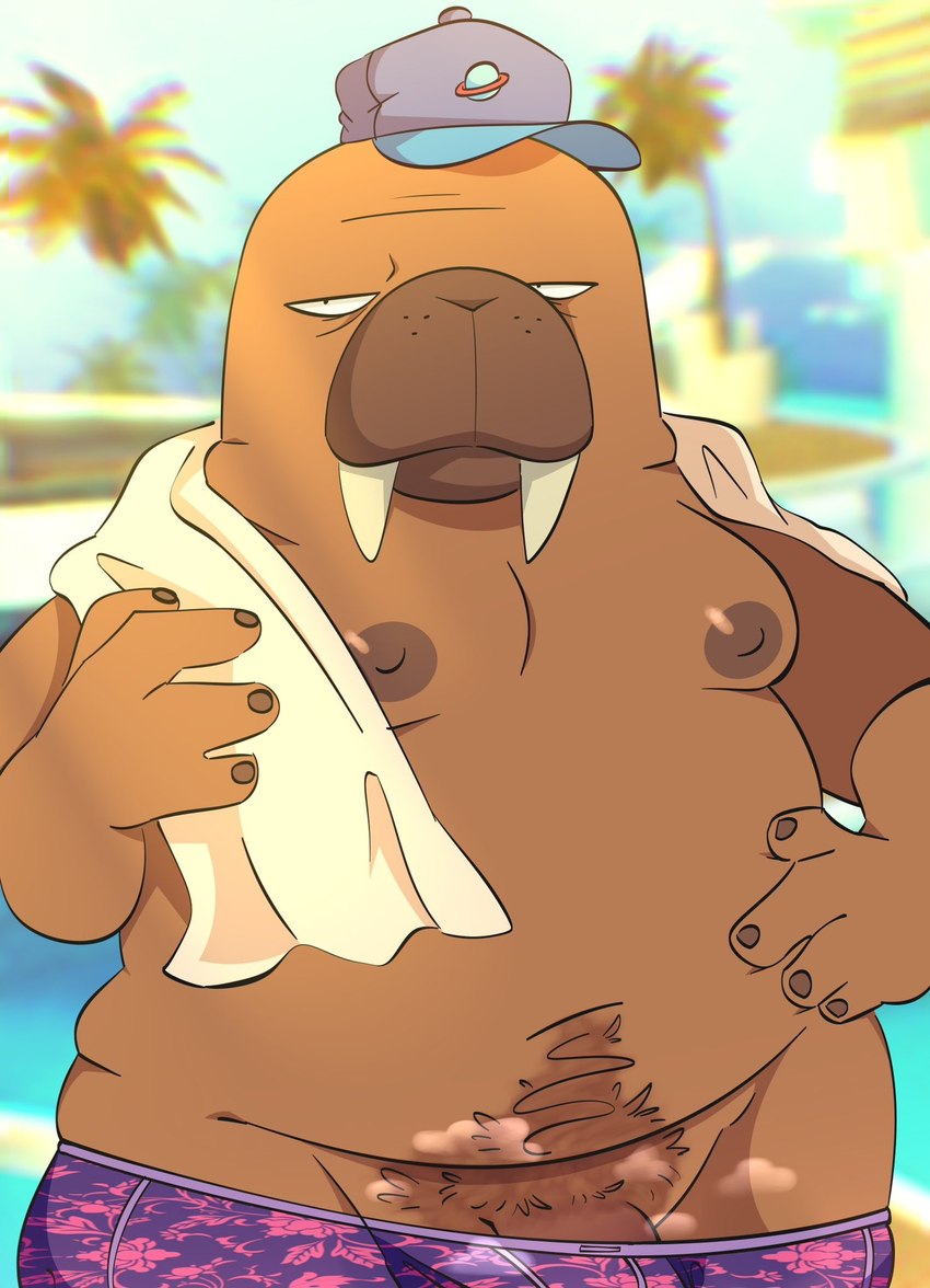 anthro belly big_belly bottomwear clothing genitals hat headgear headwear humanoid_hands male moobs musk nipples overweight overweight_male penis shorts solo swimwear towel towel_around_neck salamikii odd_taxi hiroshi_odokawa_(odd_taxi) mammal marine pinniped walrus 2023 hi_res