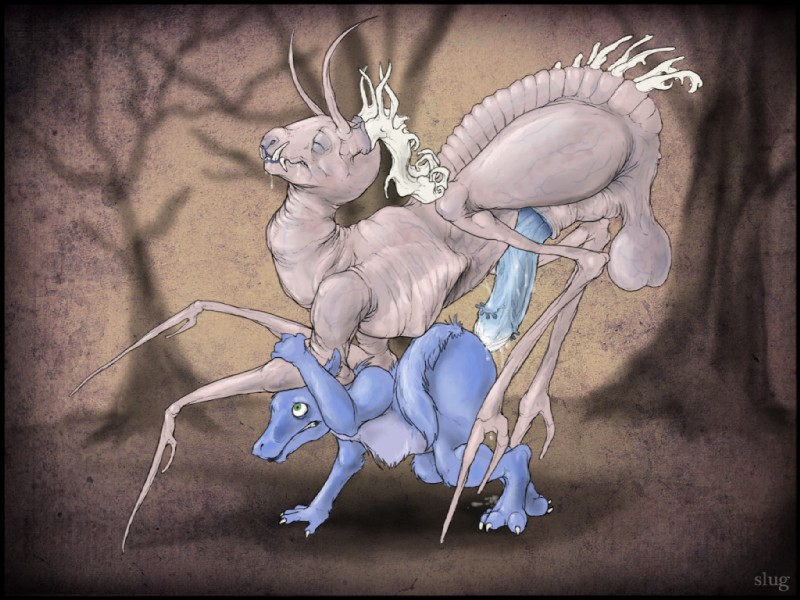 ambiguous_gender anal asymmetrical_horns balls bodily_fluids deformed duo erection fur genital_fluids genitals horn male penis precum tail what oddbird mythology losian alien dragon furred_dragon furred_scalie miggwitch_(slug) monster mythological_creature mythological_scalie scalie 4:3