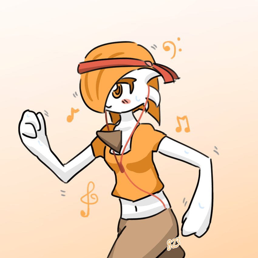 accessory clothing crop_top electronics exercise female hair happy headband headphones jogging midriff motion_lines musical_note musical_symbol navel not_furry orange_eyes orange_hair pink_background shirt simple_background solo sportswear symbol topwear workout friita nintendo pokemon norlan_(friita) gardevoir generation_3_pokemon pokemon_(species) 1:1 2020