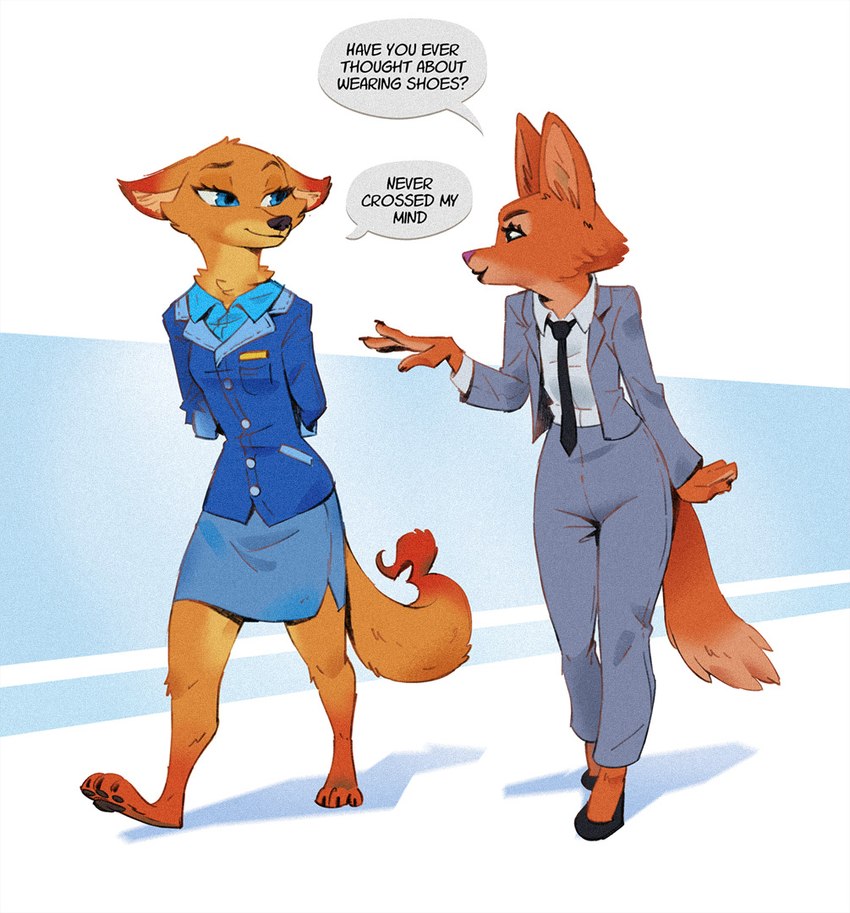 3_toes anthro barefoot business_attire claws clothing countershading dialogue dipstick_ears duo ear_markings feet female footwear hands_behind_back inner_ear_fluff multicolored_ears pawpads paws shoes simple_background text toe_claws toes tuft walking ruffu disney dreamworks the_bad_guys zootopia diane_foxington fan_character megan_fawkes canid canine fox mammal red_fox true_fox crossover english_text