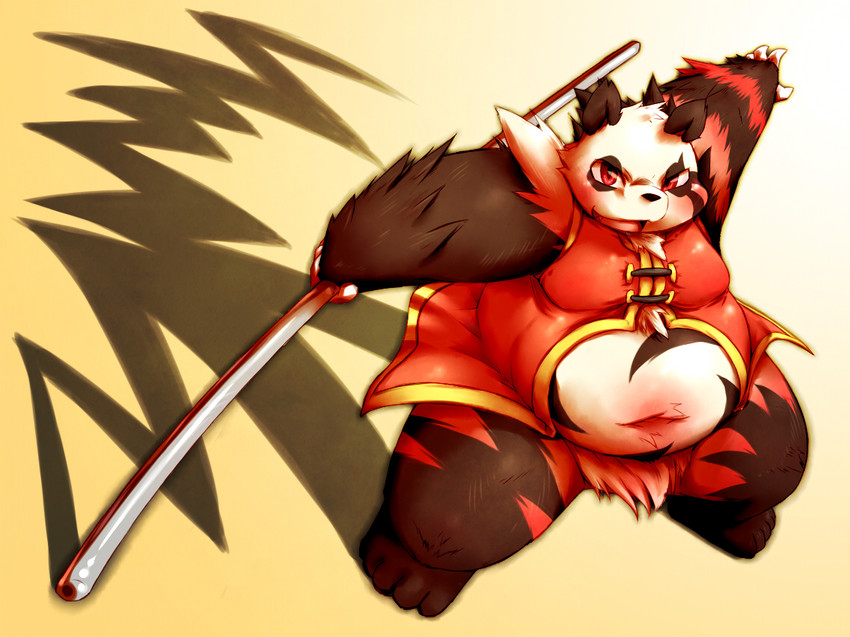 anthro belly black_body black_fur clothed clothing fur kemono male overweight overweight_anthro overweight_male red_body red_eyes red_fur solo white_body white_fur chiro_(artist) fanfan bear giant_panda mammal 2012