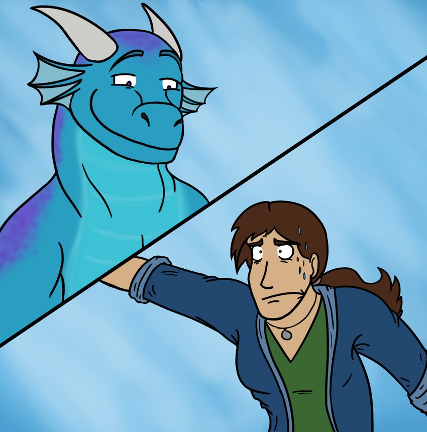 awkward awkward_smile blue_body blue_scales bodily_fluids clothed clothing duo ear_fins embarrassed female feral fin hair horn jewelry male necklace ponytail scales simple_background split_screen sweat ichiwashername mythology dragon human mammal mythological_creature mythological_scalie scalie hi_res