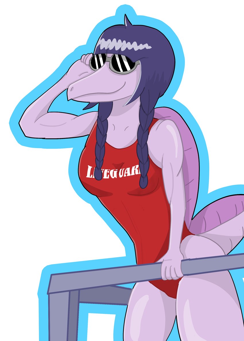 anthro clothed clothing eyewear female hair lifeguard long_snout muscular muscular_female pigtails purple_body purple_eyes simple_background snout solo unknown_artist cavemanon_studios goodbye_volcano_high snoot_game rosemary_(snoot_game) dinosaur humanoid prehistoric_species reptile scalie spinosaurid spinosaurus theropod absurd_res hi_res