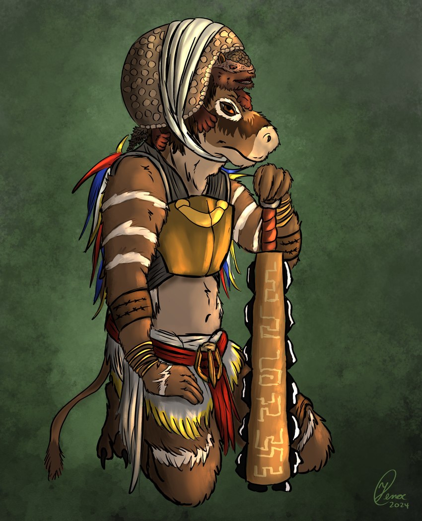 ambiguous_gender annoyed anthro armor aztec_clothing duo feathers gold_(metal) headgear helmet kneeling macuahuitl male melee_weapon primitive_weapon shell tribal tribal_clothing weapon wrappings yenocwolf armadillo glyptodon glyptodont mammal oreodont prehistoric_species xenarthran absurd_res hi_res