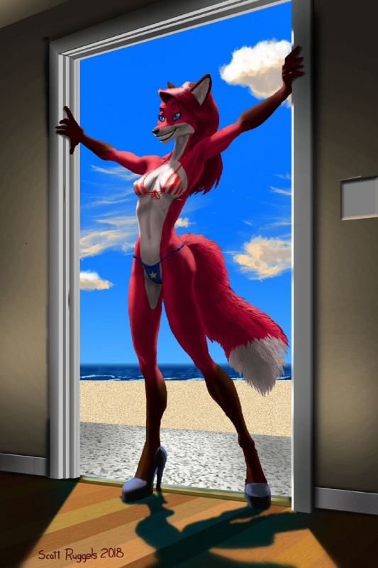 anthro beach bikini breasts clothed clothing female hair makeup nipple_outline seaside skimpy smile solo standing swimwear two-piece_swimsuit wide_hips scott_ruggels canid canine fox mammal hi_res