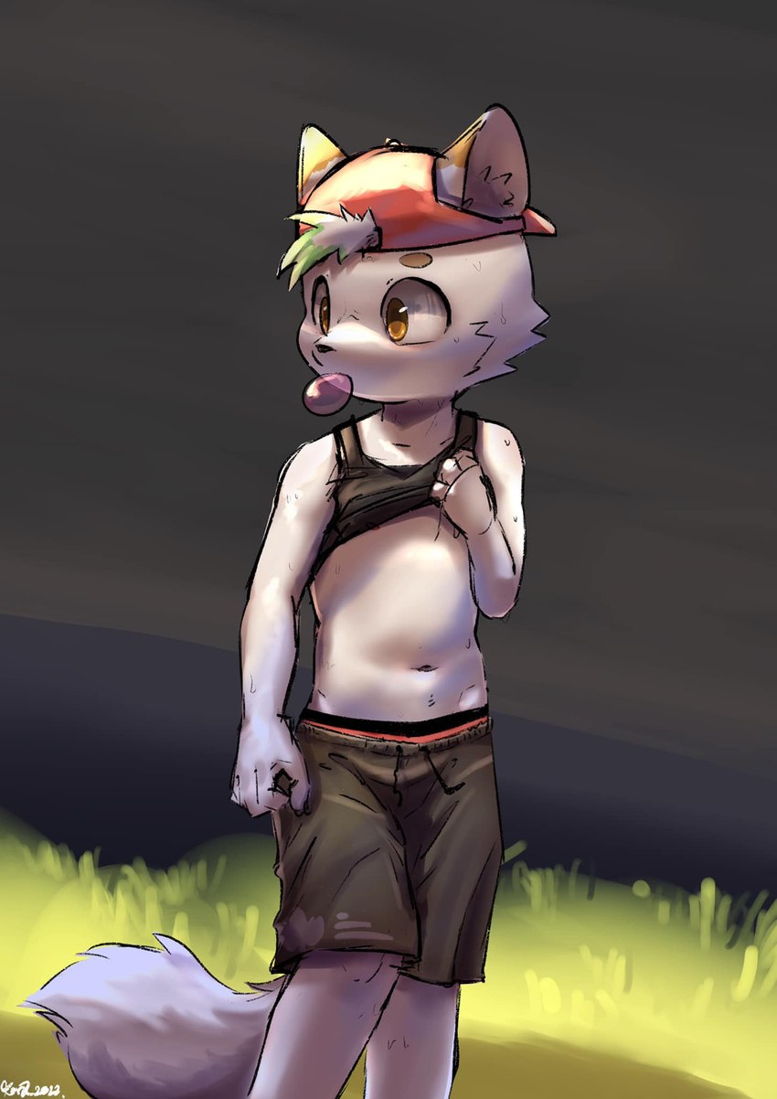 adolescent anthro backwards_baseball_cap backwards_hat baseball_cap belly chewing_gum clothed clothing fur grass hat headgear headwear male plant solo white_body white_fur young young_anthro young_male sharparadise skate_(sharparadise) canid canine canis domestic_dog mammal hi_res