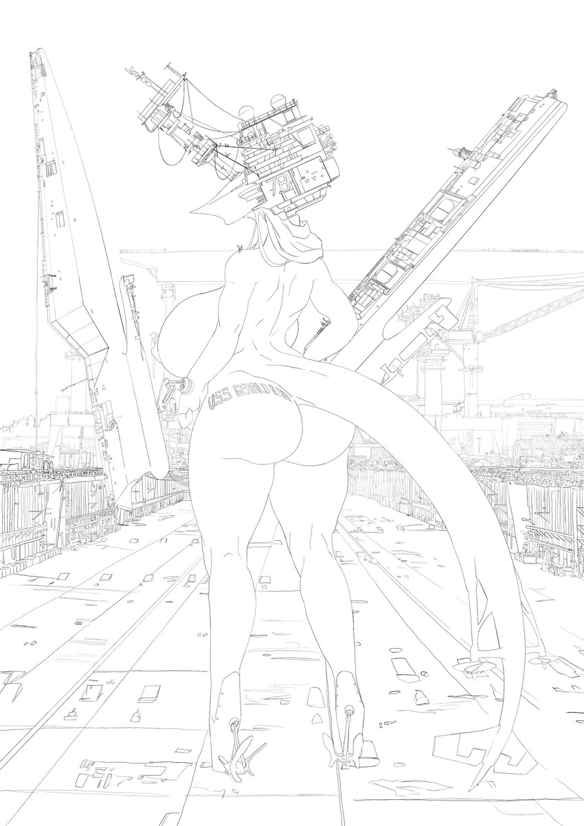 aircraft_carrier anthro big_breasts big_butt breasts butt faceless_character faceless_female female large_female machine macro plantigrade ship solo tattoo thick_thighs uss_gerald_r._ford vehicle watercraft ddragoonrangoon living_machine living_vehicle absurd_res black_and_white digital_media_(artwork) hi_res monochrome unavailable_at_source