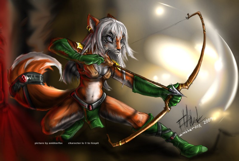 aiming anthro archer arrow_(weapon) boots bottomwear bow_(weapon) clothed clothing crotch_apron doing_it_wrong ear_piercing female footwear gloves hair handwear holding_object holding_weapon loincloth piercing ranged_weapon shoes skimpy solo tail weapon white_hair ambberfox canid canine fox mammal 2009