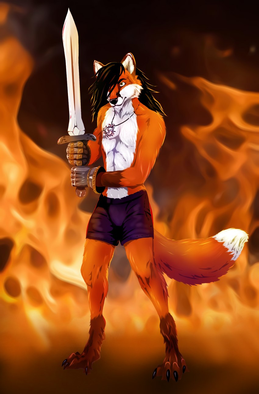 anthro black_claws claws clothing dipstick_tail eyebrows fire fur gladiator hair iron male markings melee_weapon multicolored_body multicolored_fur solo sword tail tail_markings talisman warrior weapon rusudan_almazova_(artist) tayrush_(character) canid canine fox mammal red_fox true_fox hi_res