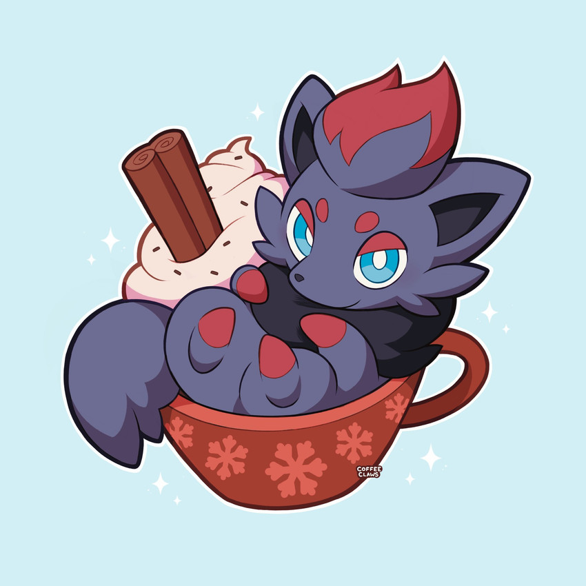 ambiguous_gender blue_background blue_eyes cheek_tuft container facial_tuft feral fur grey_body grey_fur in_container in_cup looking_at_viewer lying neck_tuft on_back pupils red_body red_eyelids red_fur simple_background smile smiling_at_viewer solo tuft white_pupils coffeeclaws nintendo pokemon generation_5_pokemon pokemon_(species) zorua 1:1 2025 colored digital_drawing_(artwork) digital_media_(artwork) full-length_portrait hi_res portrait
