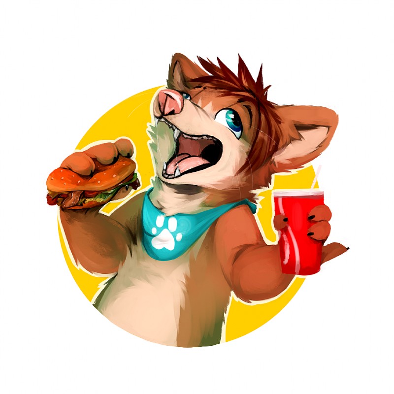 anthro beverage bib blue_eyes brown_body brown_fur brown_hair burger cheek_tuft ear_tuft eating facial_tuft fangs food fur hair holding_object looking_up male mostly_nude multicolored_body multicolored_fur open_mouth pink_nose simple_background solo teeth tongue tuft two_tone_body two_tone_fur white_background fox4 kiggles canid canine canis domestic_dog mammal 1:1 2018