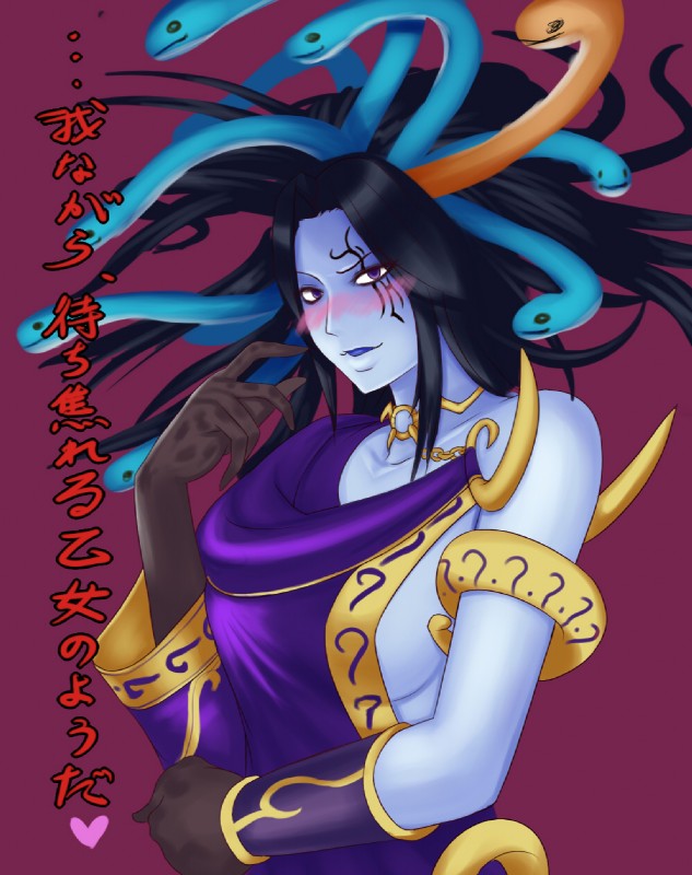 blue_body blue_skin blush breasts female living_hair monster_girl_(genre) pseudo_hair side_boob smile snake_hair solo text mafen european_mythology greek_mythology kid_icarus mythology nintendo medusa medusa_(kid_icarus) gorgon humanoid monster reptile scalie snake hi_res japanese_text translation_request