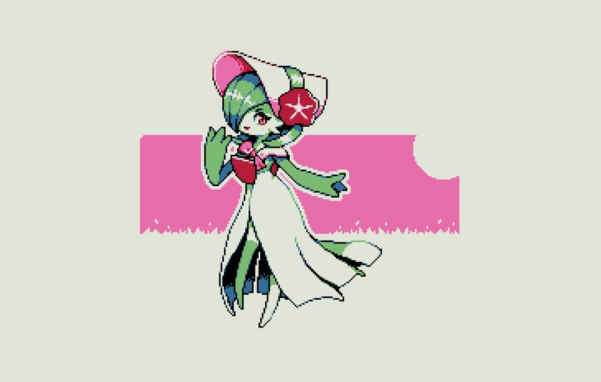 bonnet clothing dress female flower green_body green_hair hair hair_over_eye headgear headwear holowear_(pokemon) looking_at_viewer one_eye_obstructed plant solo white_body white_clothing white_dress kam2d nintendo pokemon pokemon_unite fashionable_style_gardevoir gardevoir generation_3_pokemon humanoid pokemon_(species) digital_media_(artwork) hi_res pixel_(artwork)