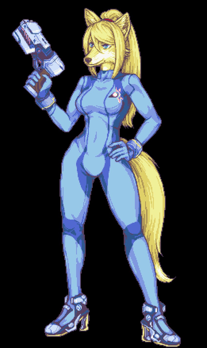 accessory anthro blaster blonde_hair boots bracelet breasts clothing female footwear fur gun hair hair_accessory hairband hand_on_hip high_heeled_boots high_heels jewelry ponytail ranged_weapon retro shoes smile solo suit tail ultimate weapon wide_hips zero_suit theblindarcher game_boy_advance game_boy_family metroid nintendo super_nintendo fox_samus_aran samus_aran canid canine fox mammal alpha_channel digital_media_(artwork) hi_res pixel_(artwork)