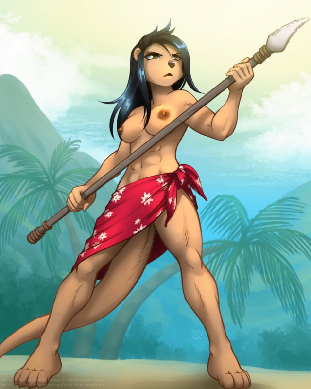 4_toes abs action_pose anthro barefoot beach black_hair breasts brown_body brown_fur casual_exposure claws clothed clothing detailed_background feet female fur hair holding_melee_weapon holding_object holding_polearm holding_spear holding_weapon melee_weapon muscular muscular_anthro muscular_female navel nipples palm_tree partially_clothed plant polearm pose seaside solo spear standing toes topless tree weapon yellow_eyes abluedeer the_depths malana_(lei-lani) mammal mustelid otter sea_otter 4:5 digital_media_(artwork) hi_res shaded