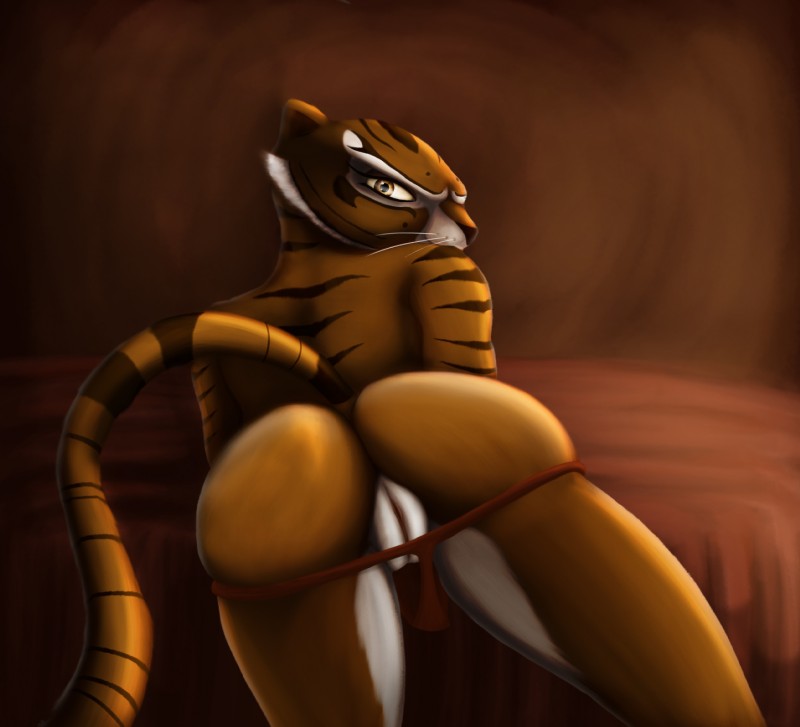 anthro bed bedding butt clothing female fur furniture genitals looking_at_viewer nude orange_body orange_fur pussy solo stripes underwear white_body white_fur astraldog dreamworks kung_fu_panda master_tigress felid mammal pantherine tiger hi_res