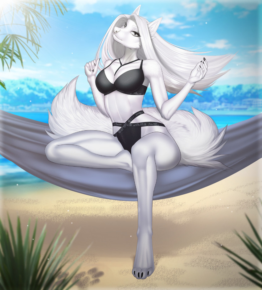 4_toes 5_fingers anthro breasts clothed clothing day detailed_background eyebrows eyelashes feet female fingers fur hair hammock outside pale_eyes sky smile solo toes white_body white_fur white_hair white_nose amur canid canine mammal 2021 digital_media_(artwork) hi_res