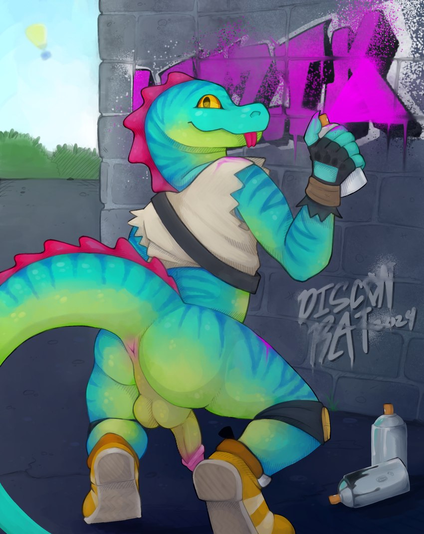 anthro anus balls butt clothed clothing crouching genitals graffiti humanoid_genitalia humanoid_penis looking_at_viewer looking_back male paint partially_clothed penis raised_tail solo spray_can spray_paint tail tail_anus thick_tail discon_rat epic_games fortnite lizzik_(fortnite) gecko iguana iguanid lizard reptile scalie hi_res