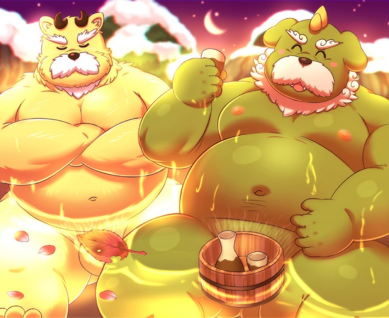 anthro balls bathing blush convenient_censorship duo eyes_closed fur genitals green_body green_fur humanoid_hands male moobs moon navel nipples outside overweight overweight_male sitting water yellow_body yellow_fur lako asian_mythology east_asian_mythology japanese_mythology mythology fujin_(mythology) raijin_(mythology) bear canid canine canis domestic_dog mammal 2019