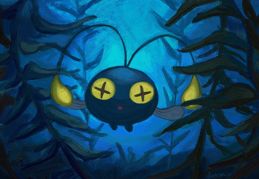 ambiguous_gender antennae_(anatomy) blue_body detailed_background feral fin kelp looking_at_viewer open_mouth outside plant solo underwater water yellow_eyes dietranch nintendo pokemon chinchou generation_2_pokemon pokemon_(species) 2025 hi_res signature