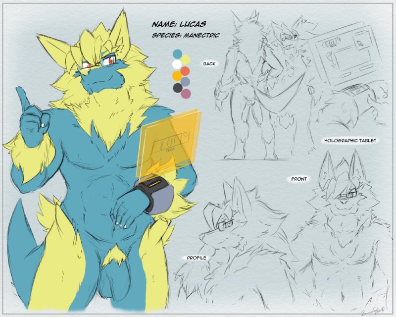 anthro anthrofied balls claws clock eyewear flaccid fur genitals glasses hologram male nude penis pokemorph pubes rear_view simple_background solo text watch wristwatch zerofox1000 nintendo pokemon lucas_(zerofox1000) generation_3_pokemon manectric pokemon_(species) 2017 5:4 english_text sketch