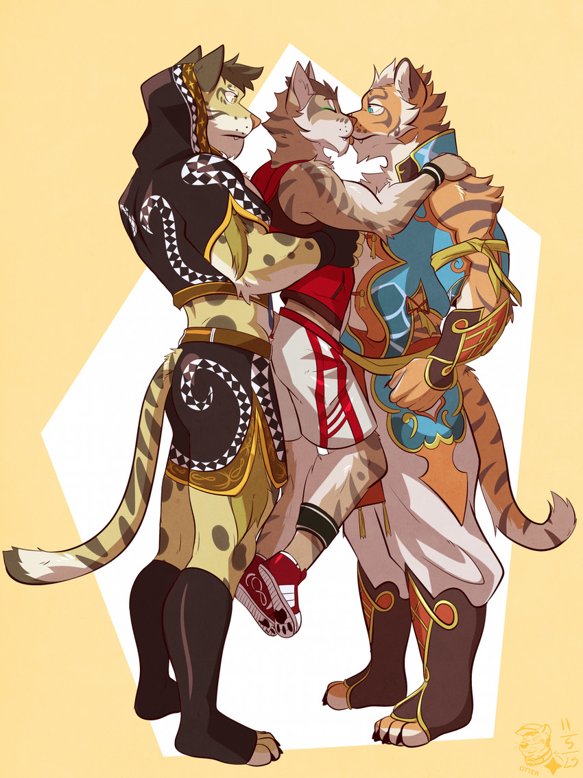 anthro arm_tuft armband armor belt blue_eyes boots bottomwear brown_body brown_fur brown_hair brown_spots brown_stripes chin_tuft clothed clothed_male clothing cute_fangs dipstick_tail eyes_closed facial_tuft fangs fingerless_gloves footwear fully_clothed fully_clothed_male fur furgonomics gauntlets gloves group hair handwear holding_partner holding_up_other_character hoodie kiss_on_lips kissing legband licking logo looking_at_another looking_at_partner male male/male male_anthro markings muscular muscular_arms muscular_male neck_tuft orange_body orange_fur pants paw_shoes pink_nose shoes short_hair shorts shoulder_tuft side_view simple_background sleeveless_hoodie spots striped_body striped_fur stripes tail tail_markings teeth text toeless_boots toeless_footwear tongue topwear trio tuft whisker_spots white_body white_fur white_hair yellow_body yellow_eyes yellow_fur ventkazemaru nekojishi studio_klondike likulau lin_hu shu-chi felid leopard mammal pantherine tiger 2025 artist_logo artist_name dated hi_res