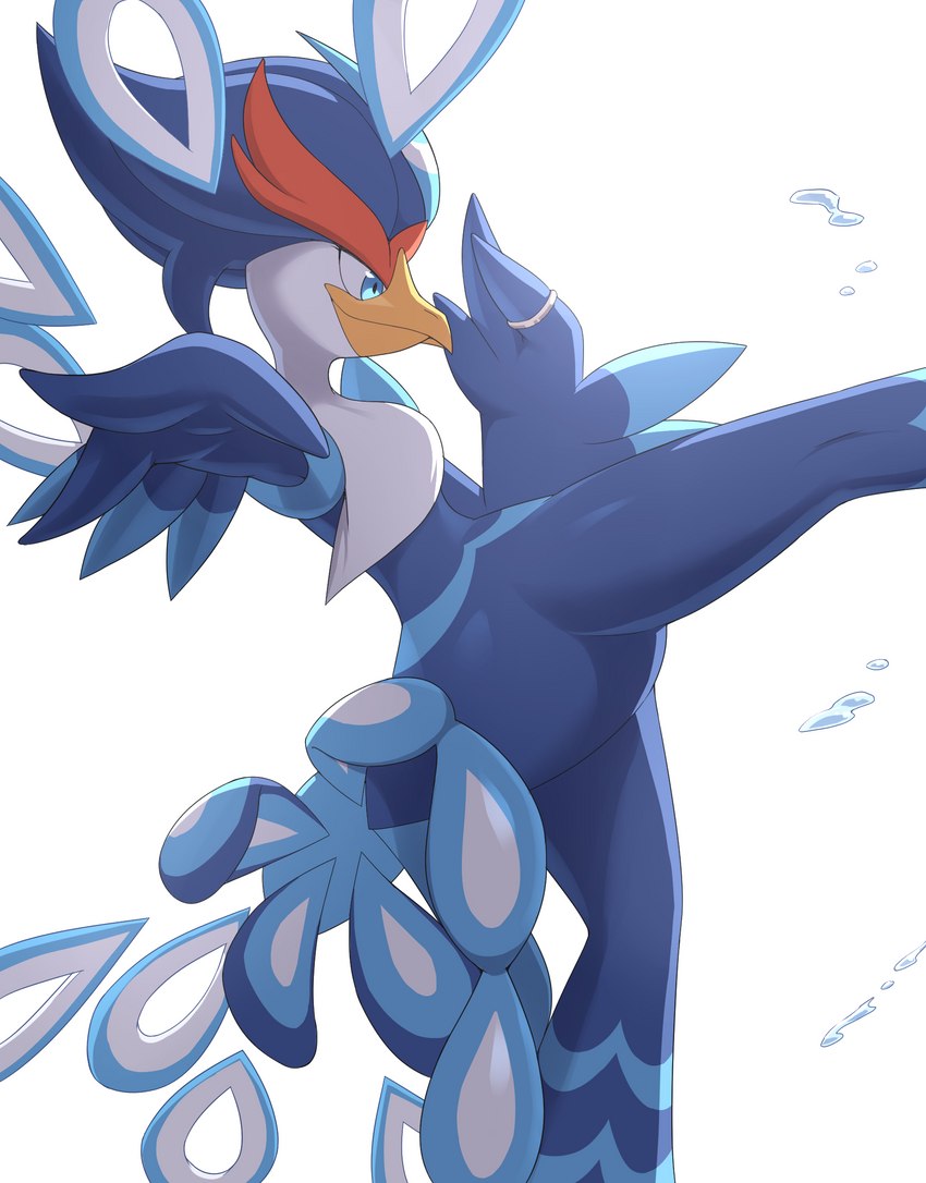 action_pose ambiguous_gender anthro avian_butt beak biped blue_body blue_eyes blue_feathers blue_markings butt digit_ring feather_hair feathered_wings feathers finger_ring jewelry leg_markings markings multicolored_body multicolored_feathers pose pseudo_hair pupils ring ring_(jewelry) simple_background smile solo tail tail_feathers water_drop white_background white_body white_feathers winged_arms wings yellow_beak yellow_body kajinchu nintendo pokemon shizuku_(kajinchu) avian generation_9_pokemon pokemon_(species) quaquaval 2023 digital_media_(artwork) hi_res shaded