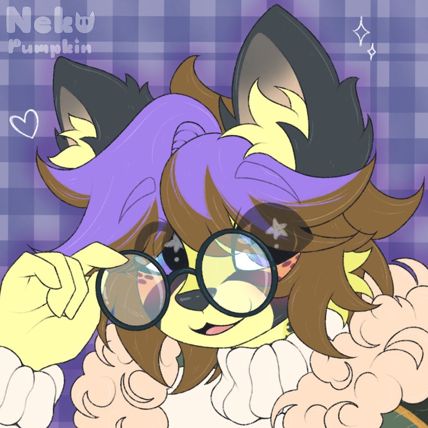 blue_eyes blush brown_hair clothed clothing coat eyewear fur fur_markings glasses hair male markings open_mouth purple_hair smile solo sweater topwear turtleneck nekopumpkin cheetah felid feline felis mammal 1:1 hi_res