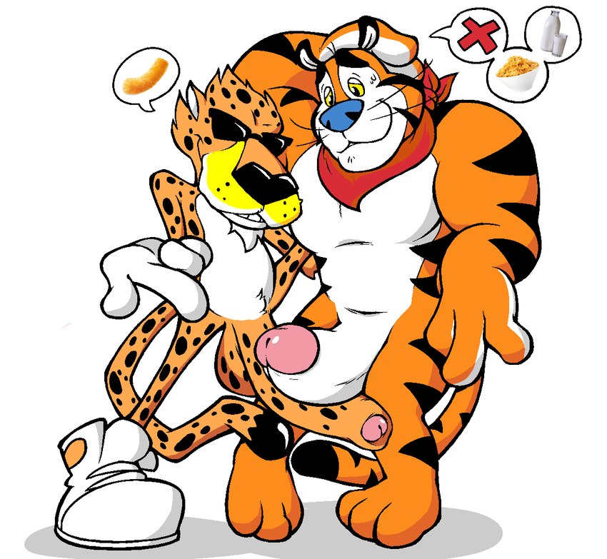 anthro big_penis duo erection foreskin genitals humanoid_genitalia humanoid_penis male male/male mascot penis simple_background white_background hikiganebousou cheetos frosted_flakes kellogg's chester_cheetah tony_the_tiger cheetah felid feline mammal pantherine tiger