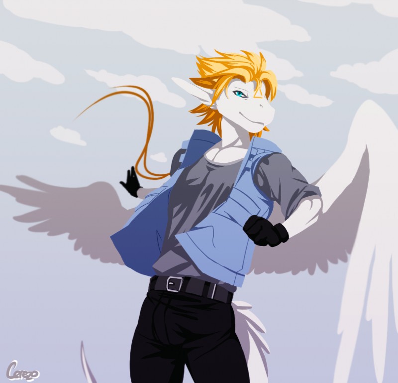 anthro biped blonde_hair blue_eyes clothed clothing feathered_wings feathers hair looking_at_viewer male pose solo standing tail wings cerezo mythology siegfried angel_dragon dragon feathered_dragon feathered_scalie mythological_creature mythological_scalie scalie