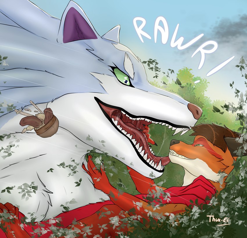 anthro duo feeding feral food forest forest_background jaws male male/male nature nature_background open_mouth plant size_difference tree thux-ei campfire_cooking_in_another_world_with_my_absurd_skill fel_(fenrir) canid canine canis fox mammal wolf absurd_res hi_res