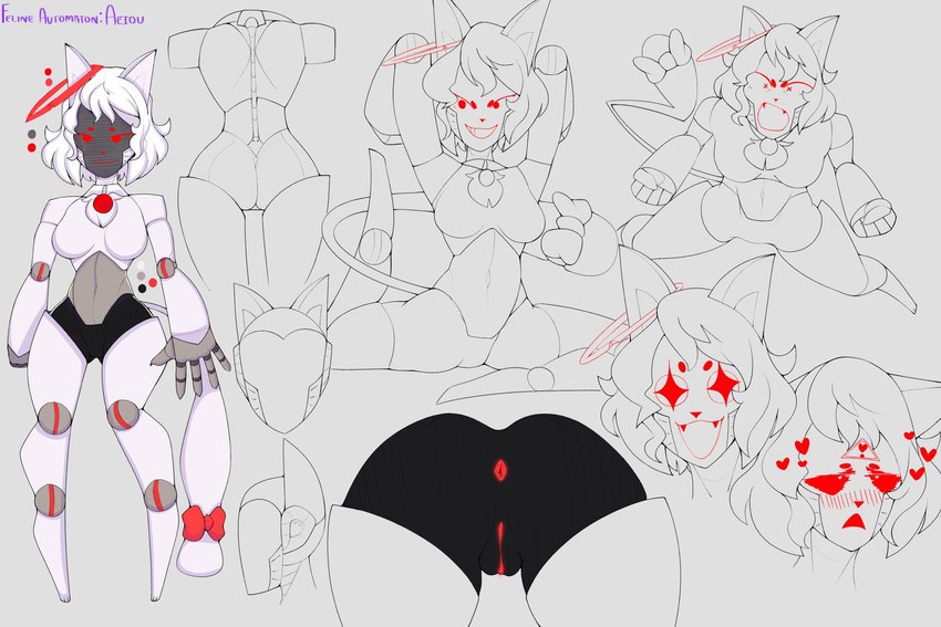 5_fingers accessory anthro anus blush blush_lines bow_ribbon breasts circle_eyebrows eyebrows fangs featureless_breasts female female_anthro fingers fist front_view furgonomics genitals hair halo heart_symbol machine multiple_poses narrowed_eyes open_mouth open_smile pose pussy rear_view red_eyes ribbons screen screen_face simple_background small_waist smile solo star_eyes tail tail_accessory tail_bow tail_ribbon teeth white_body white_hair white_tail surrealtone aeiou_(autumnbloom11) domestic_cat felid feline felis mammal robot robot_anthro 2022 digital_drawing_(artwork) digital_media_(artwork) hi_res model_sheet