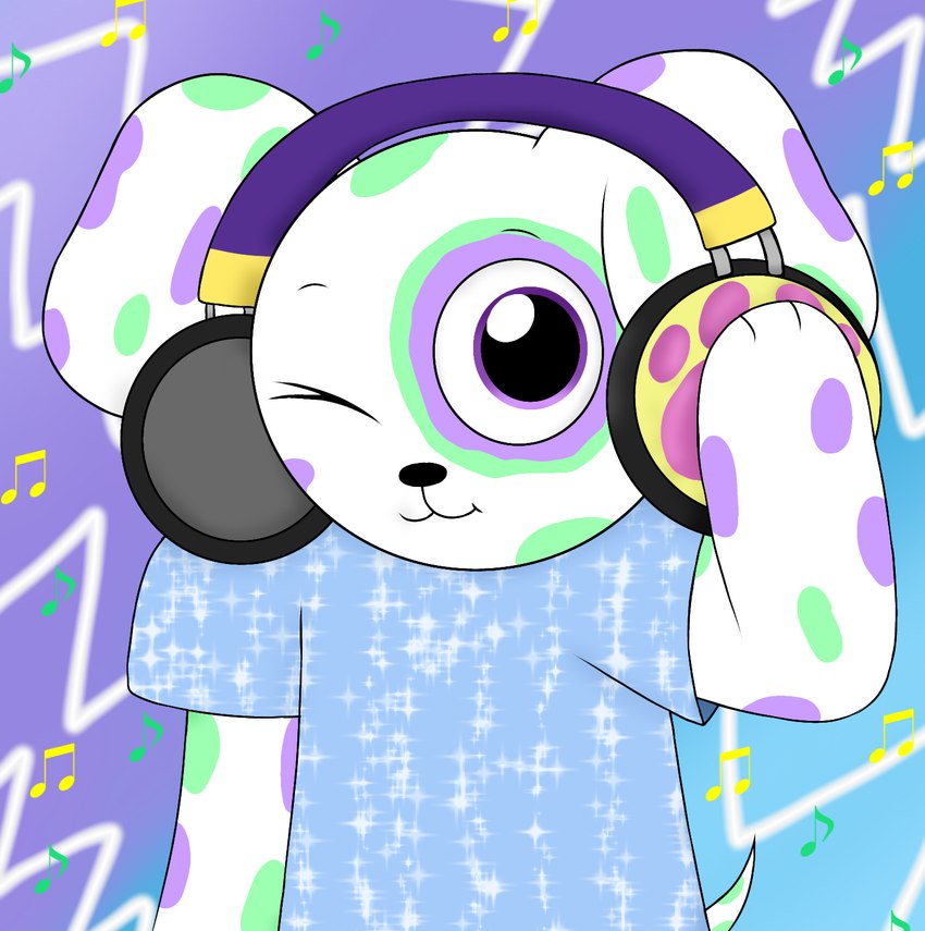 accessory anthro blue_clothing blue_shirt blue_topwear clothing electronics floppy_ears green_spots headphones male multicolored_body musical_note musical_symbol one_eye_closed purple_eyes purple_spots shirt solo spots symbol toony topwear white_body wink artziidubz puppies_in_paradise inky_(puppies_in_paradise) bird_dog canid canine canis domestic_dog hunting_dog island_puppy labrador mammal retriever 2024 digital_drawing_(artwork) digital_media_(artwork) half-length_portrait hi_res portrait