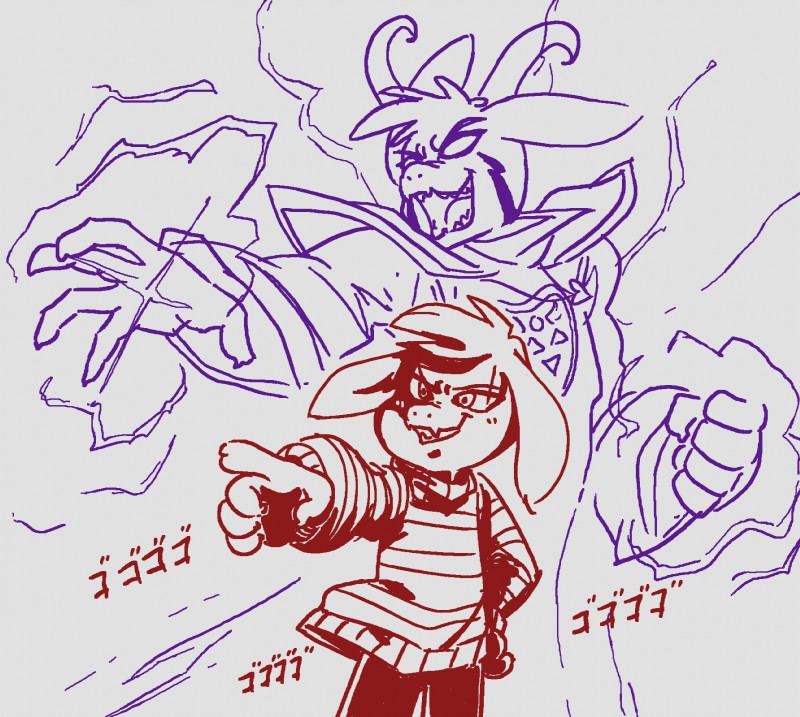 anthro clothed clothing duo gesture grey_background hand_gesture hand_on_hip horn male pointing simple_background square_crossover text young goatanimedatingsim jojo's_bizarre_adventure menacing_(meme) undertale undertale_(series) asriel_dreemurr asriel_dreemurr_(god_form) boss_monster_(undertale) bovid caprine goat mammal stand_(jjba) crossover hi_res japanese_text meme restricted_palette