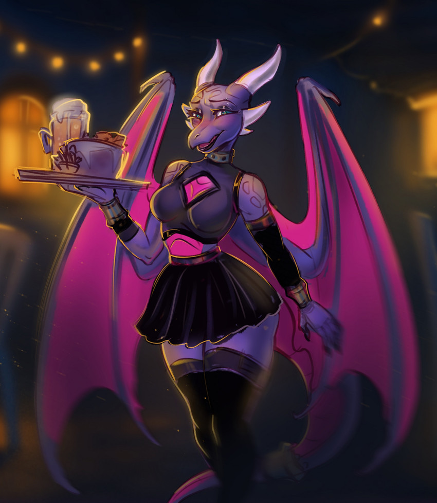 alcohol anthro anthrofied bar beer beer_glass beer_mug beverage black_claws blush bottomwear breasts claws clothed clothing collar costume female food furniture holding_object horn horn_sheath legwear looking_at_viewer medium_breasts membrane_(anatomy) membranous_wings night non-mammal_breasts open_mouth pose scales skirt smile solo standing stockings tail thigh_highs tongue topwear waiter wings orriven activision mythology spyro_the_dragon cynder dragon mythological_creature mythological_scalie scalie 2025 colored colored_sketch digital_drawing_(artwork) digital_media_(artwork) flat_colors hi_res pinup portrait shaded sketch three-quarter_portrait