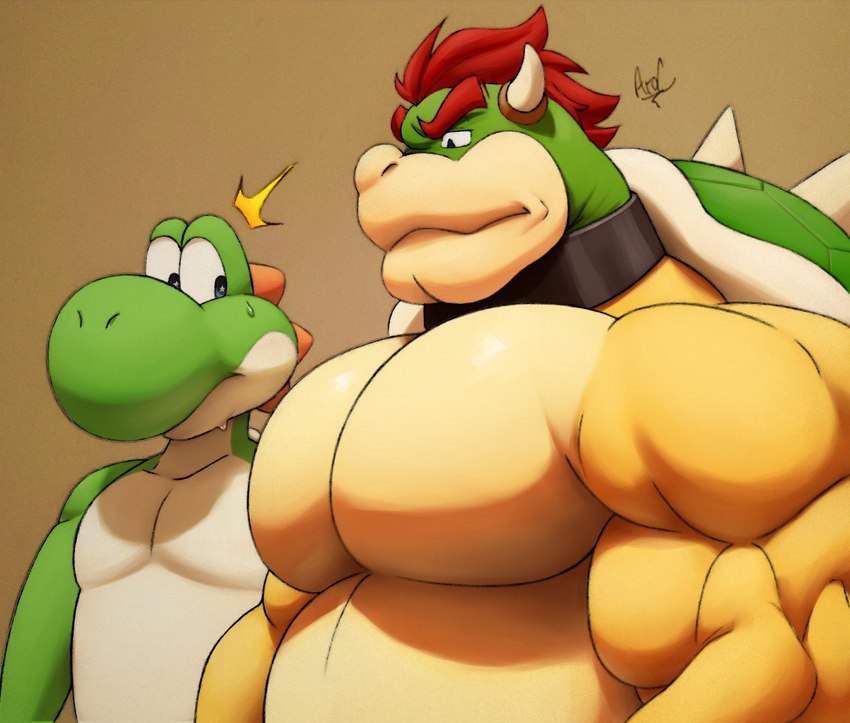 anthro barazoku big_muscles bodily_fluids brown_background collar duo eyebrows hair horn looking_at_another looking_at_muscles male muscular muscular_anthro muscular_male pecs shell simple_background spiked_shell spikes spikes_(anatomy) stare sweat sweatdrop ara_chibi croconut girl_staring_at_man's_chest mario_bros nintendo bowser green_yoshi koopa scalie yoshi 2021 artist_collaboration colored digital_media_(artwork) hi_res meme mixed_media signature traditional_media_(artwork)