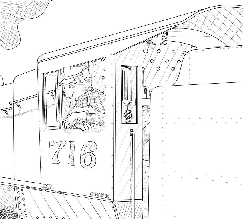 anthro clothing dipstick_ears ear_markings engineer_cap female gloves handwear leaning leaning_forward locomotive_fireman multicolored_ears overalls solo steam_locomotive text train vehicle panzerschreckleopard charlotte_keller domestic_cat felid feline felis maine_coon mammal 2022 absurd_res hi_res monochrome