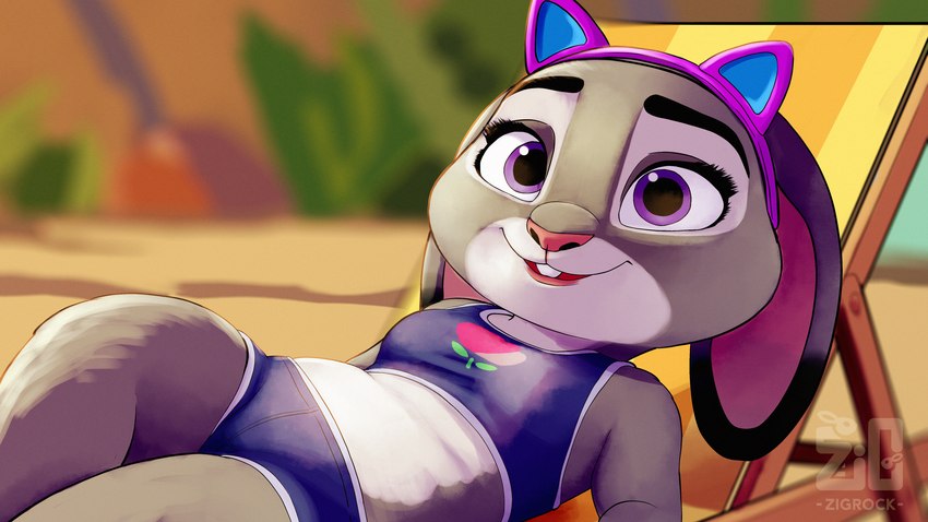 anthro bottomwear breasts clothed clothing day eyebrows eyelashes fake_cat_ears fake_ears female fur grey_body grey_fur long_ears looking_at_viewer lying on_back outside purple_eyes solo teeth text topwear white_body white_fur zigrock001 disney zootopia judy_hopps lagomorph leporid mammal rabbit absurd_res artist_name hi_res watermark