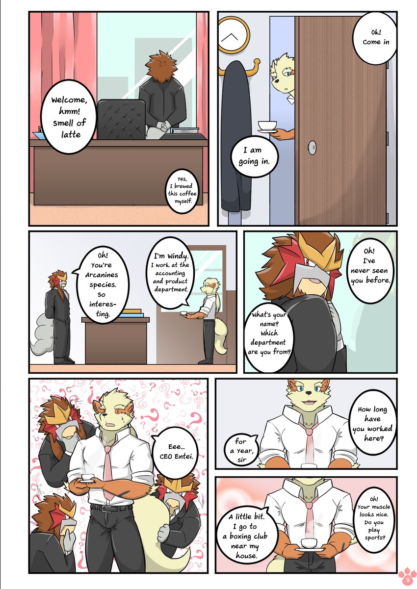 age_difference anthro belt boss_and_employee bottomwear chair clock clothes_hanger clothing coat coffee_cup confusion container cup desk dialogue documents duo furniture inspection male necktie open_door pants question_mark shirt steam table text topwear shinobiya nintendo pokemon entei_(shinobiya) windy_(shinobiya) arcanine entei generation_1_pokemon generation_2_pokemon legendary_pokemon pokemon_(species) absurd_res comic english_text hi_res