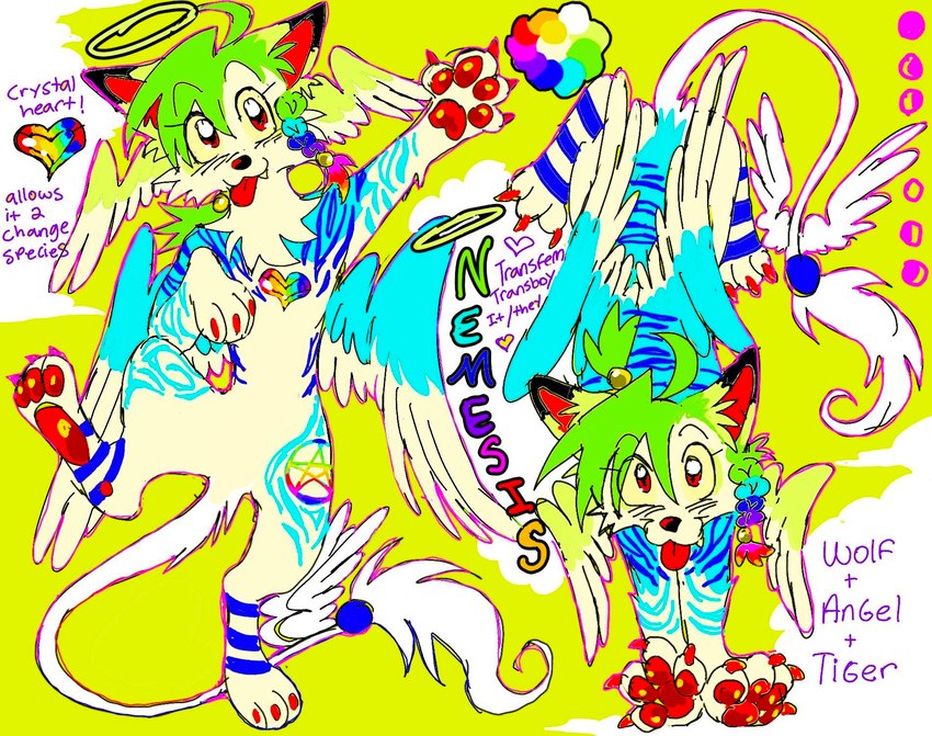 ambiguous_gender blue_body blue_feathers blue_fur blue_stripes bright_colors claws color_swatch digitigrade eyelashes feathered_wings feathers featureless_crotch feral feral_with_hair fur glamfur green_hair hair head_wings hindpaw kemono looking_at_viewer pawpads paws purple_text red_claws red_eyes red_pawpads red_tongue semi-anthro simple_background smile solo sparklefur striped_body striped_fur stripes tail tail_tuft tail_wings tan_body tan_feathers tan_fur text tongue tuft unusual_anatomy unusual_tail unusual_wing_placement wings ichig0bldritual nemesis_(ichig0bldritual) angel canid canine canis felid hybrid mammal pantherine tiger wolf colored_sketch colorful_theme digital_drawing_(artwork) digital_media_(artwork) english_text flat_colors handwritten_text hi_res model_sheet sketch trans_(lore)