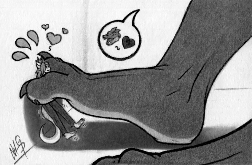 3_toes anthro anthrofied arched_foot between_toes claws feet female femboy foot_fetish foot_focus hair heart_symbol humanoid_feet larger_anthro larger_female male micro plantigrade pokemorph size_difference smaller_anthro smaller_male smile speech_bubble tail toe_claws toes two_tone_feet alef-gp nintendo pokemon desta_(thatdratini) nisha_(saatchi) crocodile crocodilian dragonair generation_1_pokemon pokemon_(species) reptile scalie graphite_(artwork) greyscale monochrome pictographics traditional_media_(artwork)