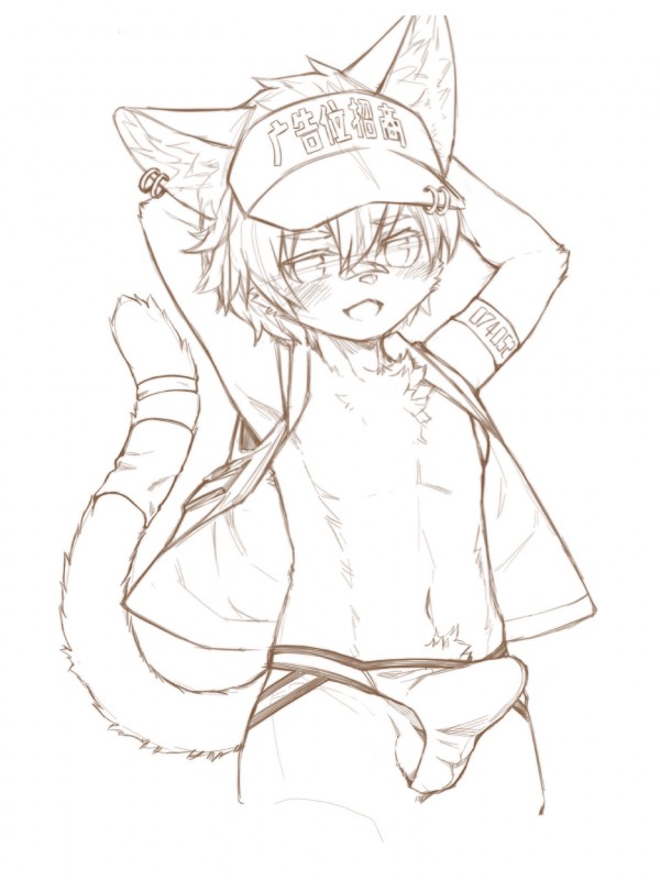 anthro balls blush bulge chest_tuft clothed clothing detailed_bulge ear_piercing ear_ring erection erection_under_clothing fur genital_outline genitals hat headgear headwear jockstrap kemono male partially_clothed penis penis_outline piercing raised_arm ring_piercing simple_background solo standing tuft underwear young young_anthro misakatsuneko misakatsuneko_(character) domestic_cat felid feline felis mammal 3:4 hi_res