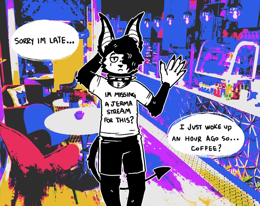 abstract_background anthro bar bottomwear clothing collar dialogue gesture hair hair_over_eye half-closed_eyes male narrowed_eyes one_eye_obstructed psychedelic_background shirt shorts solo spade_tail speech_bubble spiked_collar spikes t-shirt tail text topwear waving sinsquest snaffs_(sinsquest) bat mammal english_text andromorph_(lore) nonbinary_(lore)