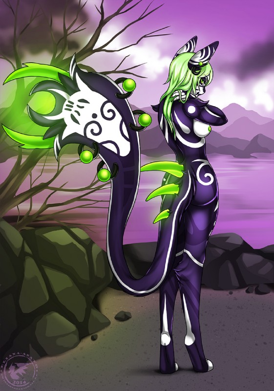 anthro biped breasts detailed_background female fur furgonomics furry-specific_piercing glowing green_eyes green_hair green_nipples hair lake mountain nature nipples nude outside piercing purple_body purple_fur rock sky solo standing tail tail_piercing eliana-asato jackthekipper natalie_virus 2014 hi_res